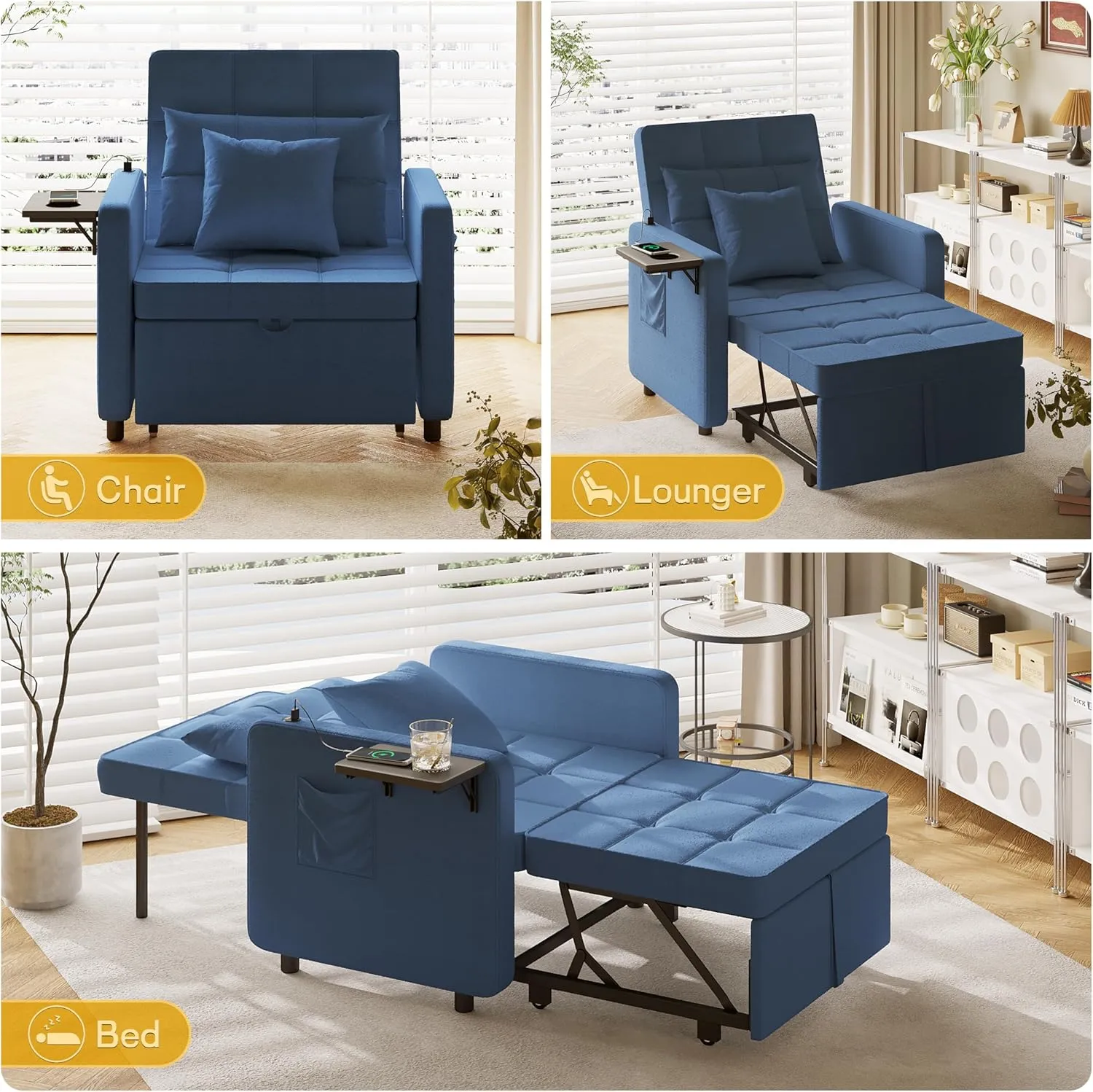 Vabches Seersucker Sofa Bed Chair with Wing Table and USB Ports Outlet, 3-in-1 Sofa Chair Bed Couches with Two Pillows, Futon Sleeper Chair with Adjustable Backrest, Easy Assembly, Blue
