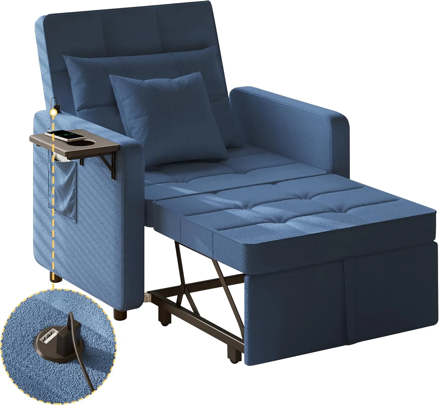 Vabches Seersucker Sofa Bed Chair with Wing Table and USB Ports Outlet, 3-in-1 Sofa Chair Bed Couches with Two Pillows, Futon Sleeper Chair with Adjustable Backrest, Easy Assembly, Blue