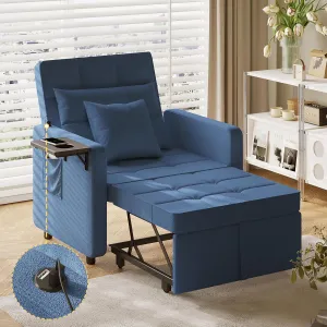 Vabches Seersucker Sofa Bed Chair with Wing Table and USB Ports Outlet, 3-in-1 Sofa Chair Bed Couches with Two Pillows, Futon Sleeper Chair with Adjustable Backrest, Easy Assembly, Blue