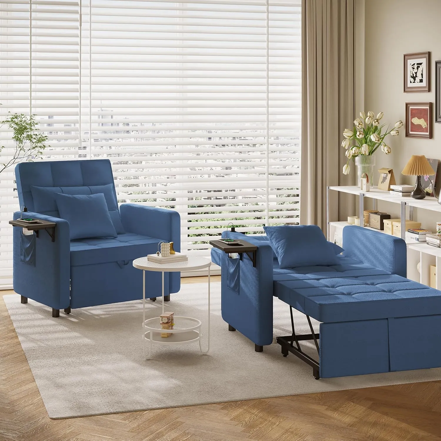 Vabches Seersucker Sofa Bed Chair with Wing Table and USB Ports Outlet, 3-in-1 Sofa Chair Bed Couches with Two Pillows, Futon Sleeper Chair with Adjustable Backrest, Easy Assembly, Blue