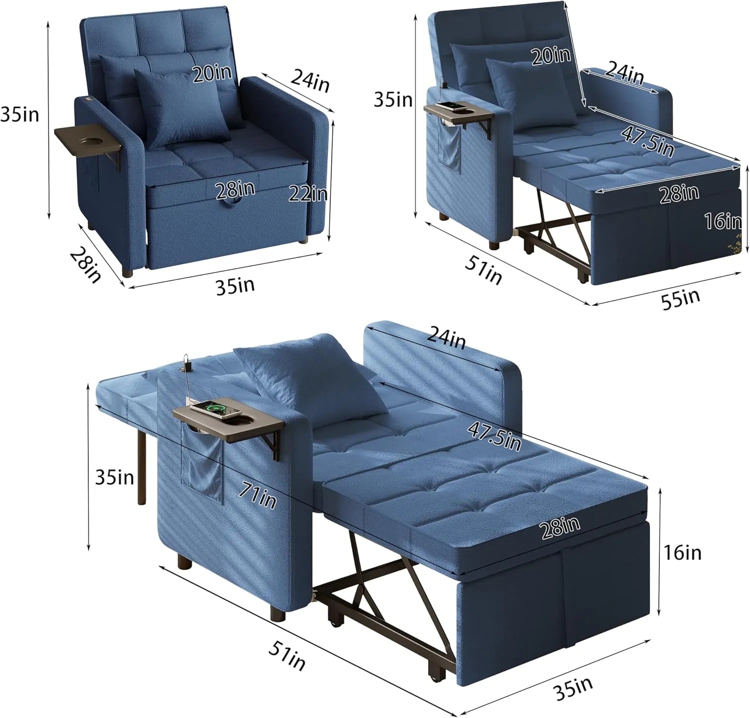 Vabches Seersucker Sofa Bed Chair with Wing Table and USB Ports Outlet, 3-in-1 Sofa Chair Bed Couches with Two Pillows, Futon Sleeper Chair with Adjustable Backrest, Easy Assembly, Blue