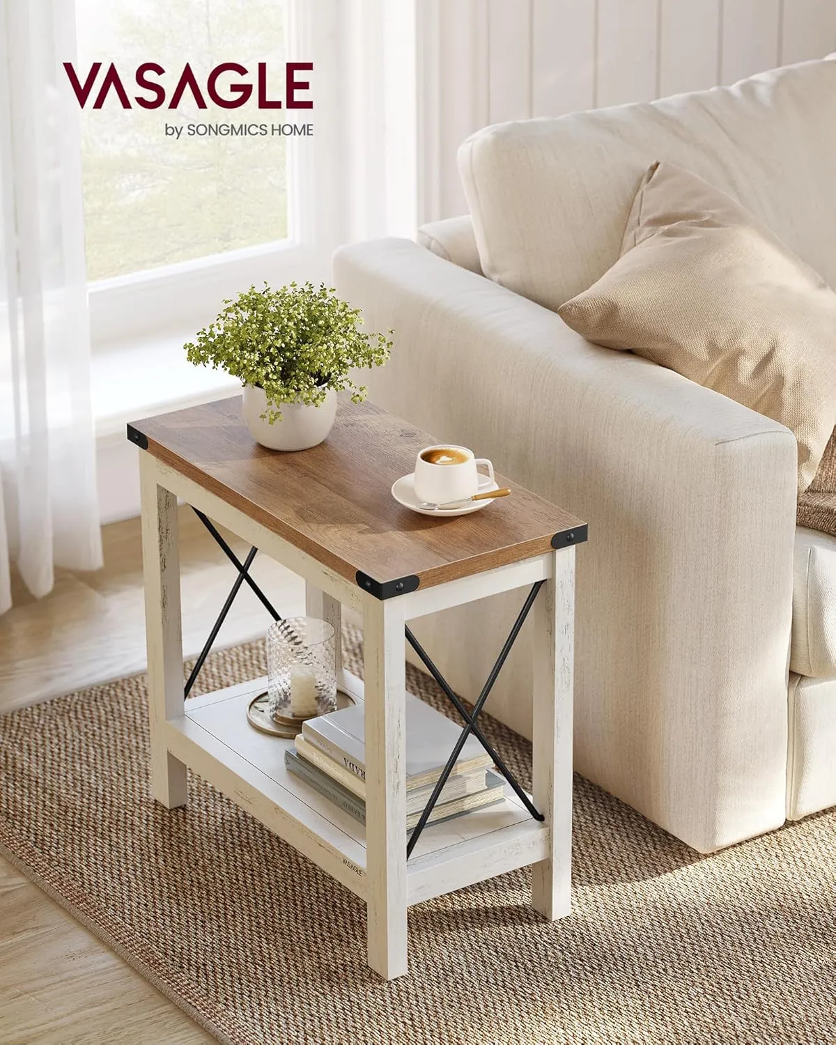 VASAGLE 2-Tier End Table, Side Table with Bottom Shelf, Nightstand for Small Spaces, for Living Room, Bedroom, Farmhouse Style, Rustic White and Honey Brown ULET235W01