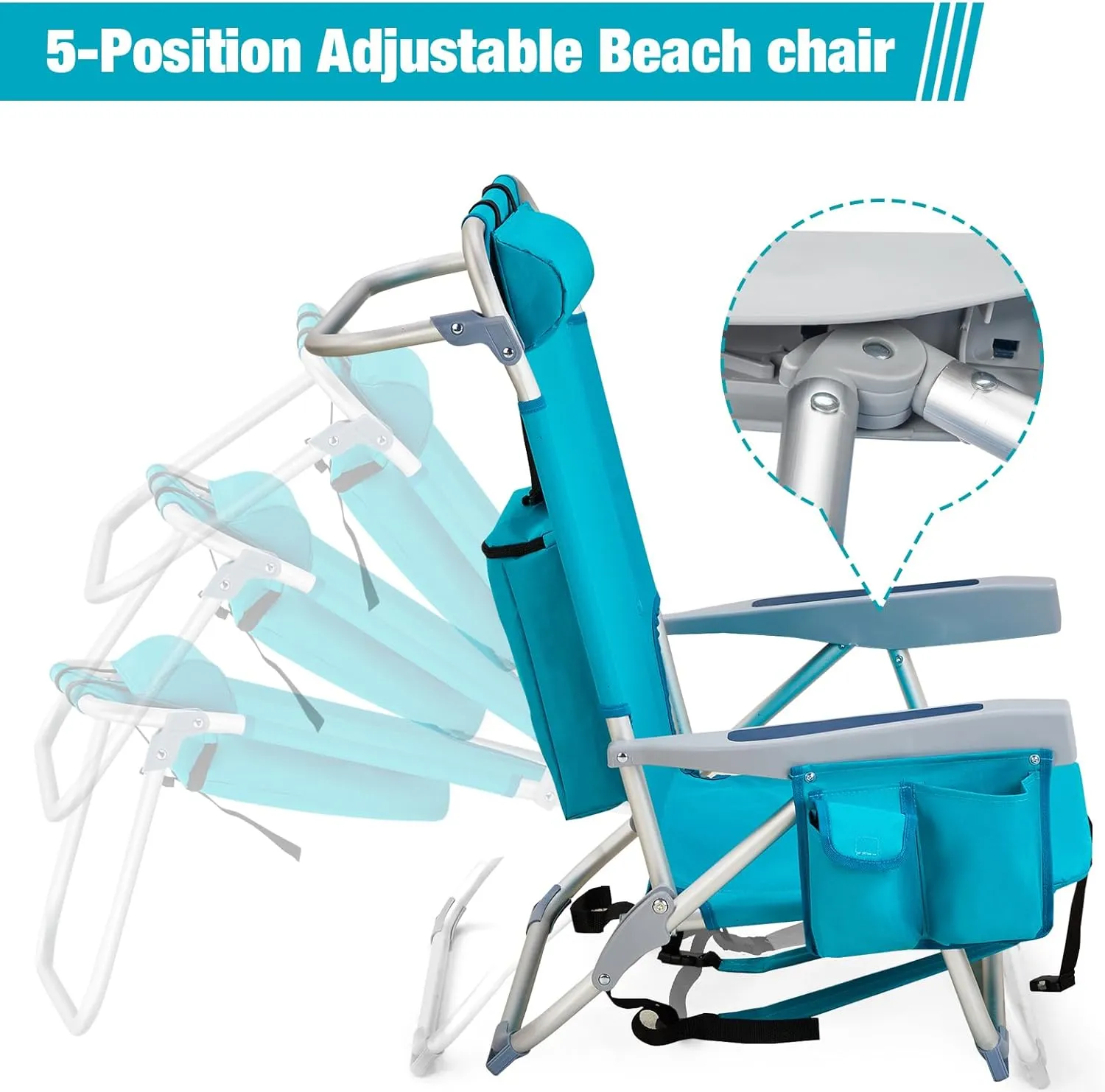 Vasitelan Outdoor Folding Backpack Beach Chair with 5 Positions, Towel bar, Cooler Pouch, Cup Holder,Folding Beach Chair with Backpack Straps (Mint Green, Short)