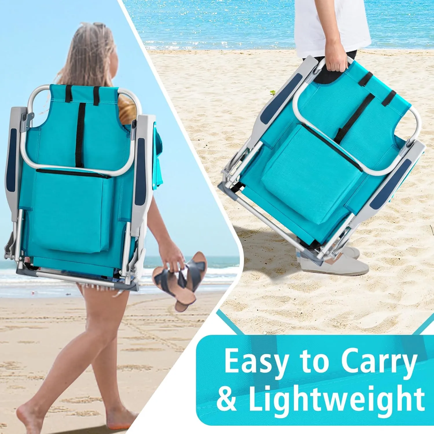 Vasitelan Outdoor Folding Backpack Beach Chair with 5 Positions, Towel bar, Cooler Pouch, Cup Holder,Folding Beach Chair with Backpack Straps (Mint Green, Short)