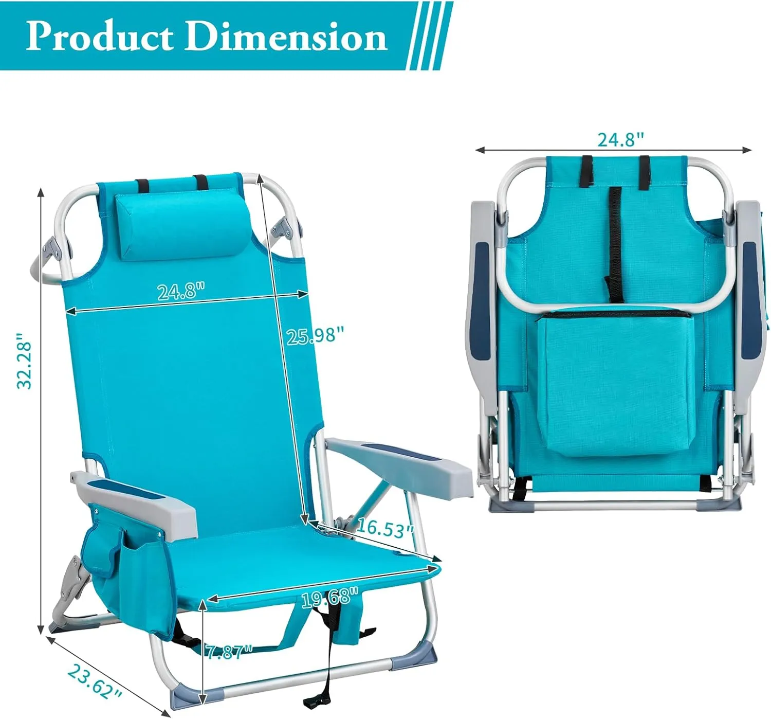 Vasitelan Outdoor Folding Backpack Beach Chair with 5 Positions, Towel bar, Cooler Pouch, Cup Holder,Folding Beach Chair with Backpack Straps (Mint Green, Short)