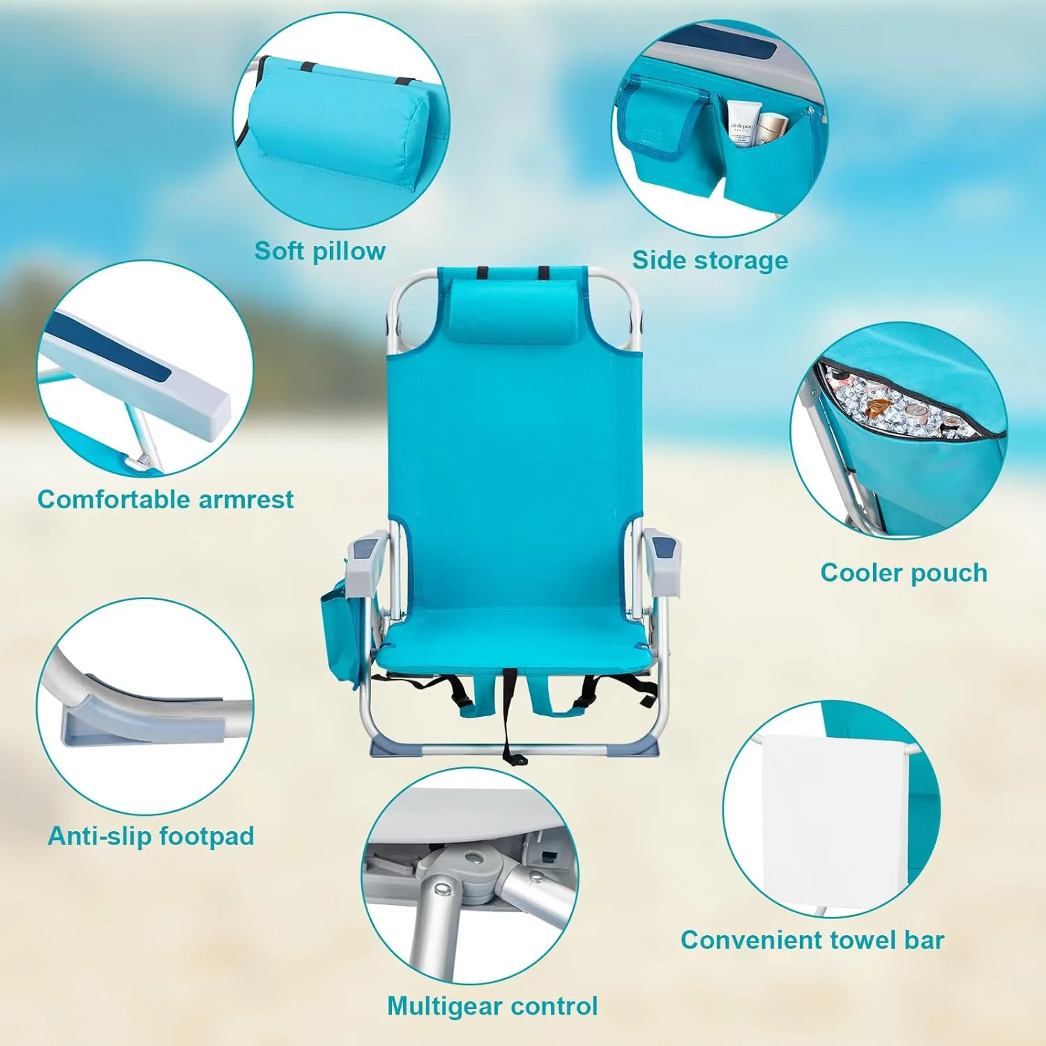 Vasitelan Outdoor Folding Backpack Beach Chair with 5 Positions, Towel bar, Cooler Pouch, Cup Holder,Folding Beach Chair with Backpack Straps (Mint Green, Short)
