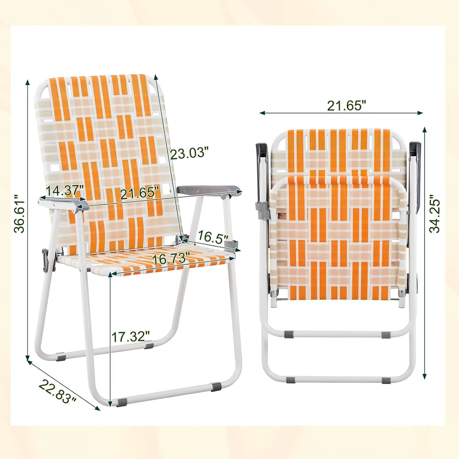 Vasitelan Patio Lawn Chairs Folding Chairs Set of 2, Webbed Folding Chair Outdoor Beach Chair Portable Camping Chair for Yard, Garden (Orange & White)