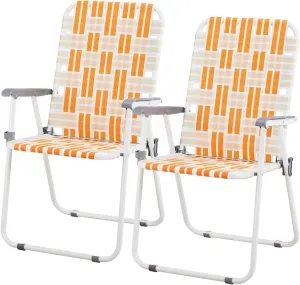 Vasitelan Patio Lawn Chairs Folding Chairs Set of 2, Webbed Folding Chair Outdoor Beach Chair Portable Camping Chair for Yard, Garden (Orange & White)