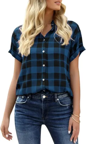 Veatzaer Women's Plaid Short Sleeve Button Down Shirt Casual Summer Blouses Tops