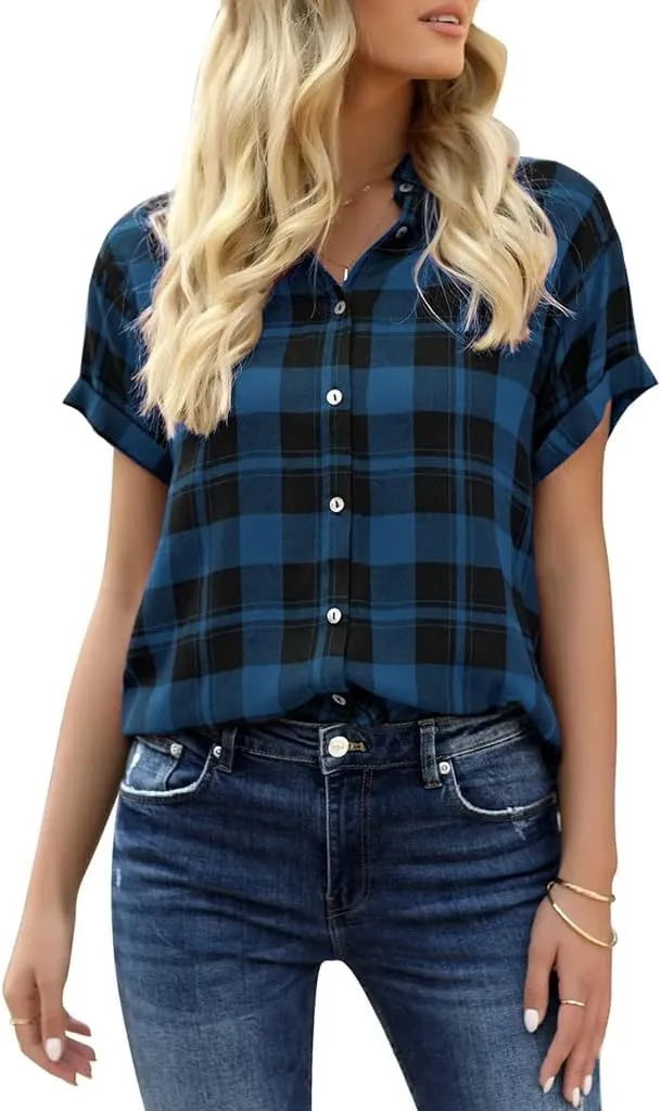 Veatzaer Women's Plaid Short Sleeve Button Down Shirt Casual Summer Blouses Tops