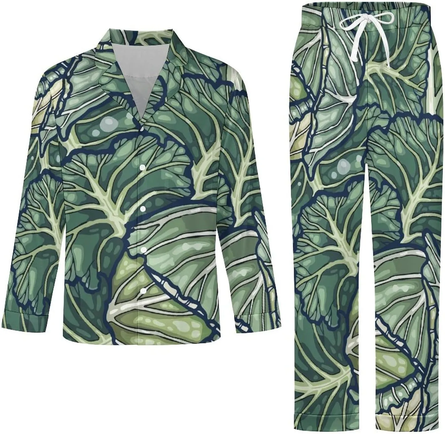 Vegetable Cabbage 2 PCS Men Pajama Set Long Sleeve Button-down Shirts Tops & Sleep Pants Loungewear