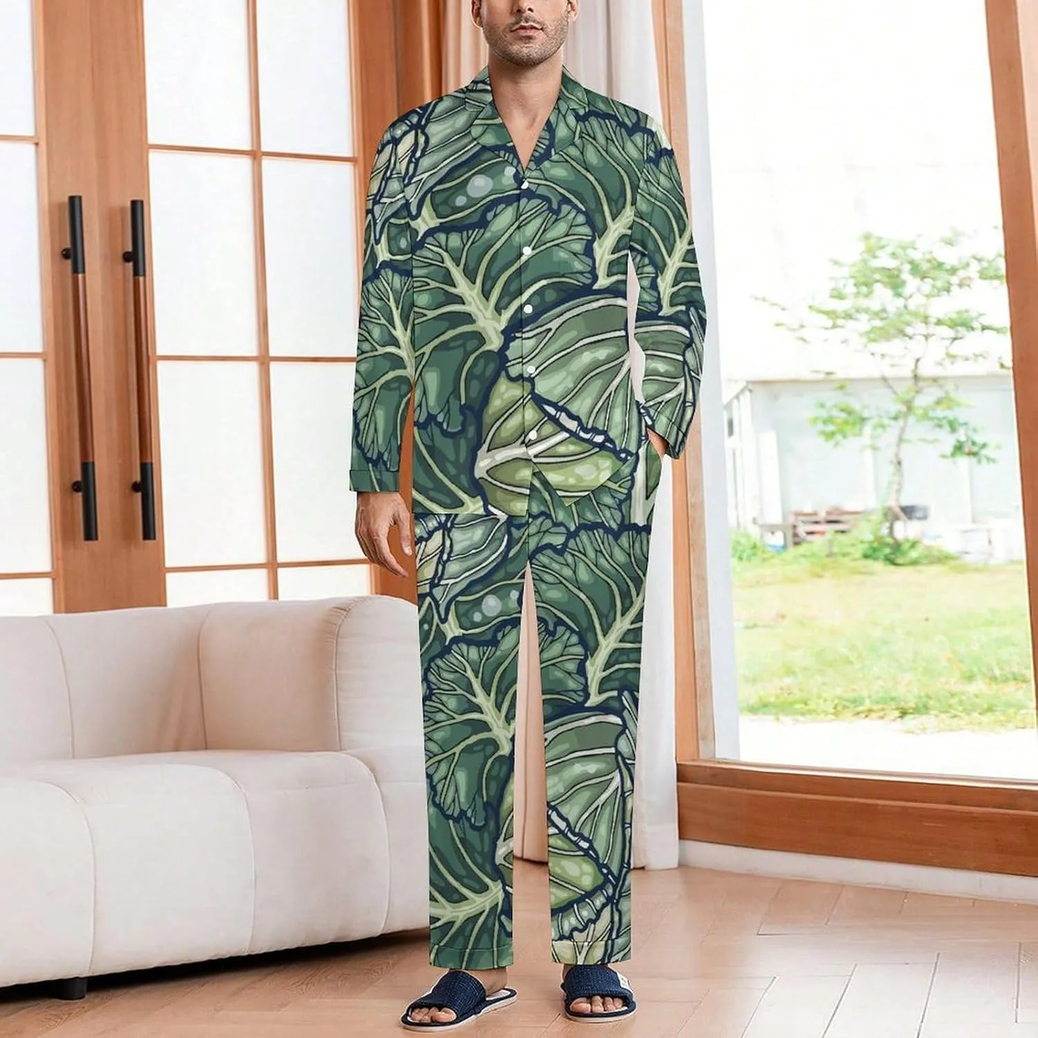Vegetable Cabbage 2 PCS Men Pajama Set Long Sleeve Button-down Shirts Tops & Sleep Pants Loungewear