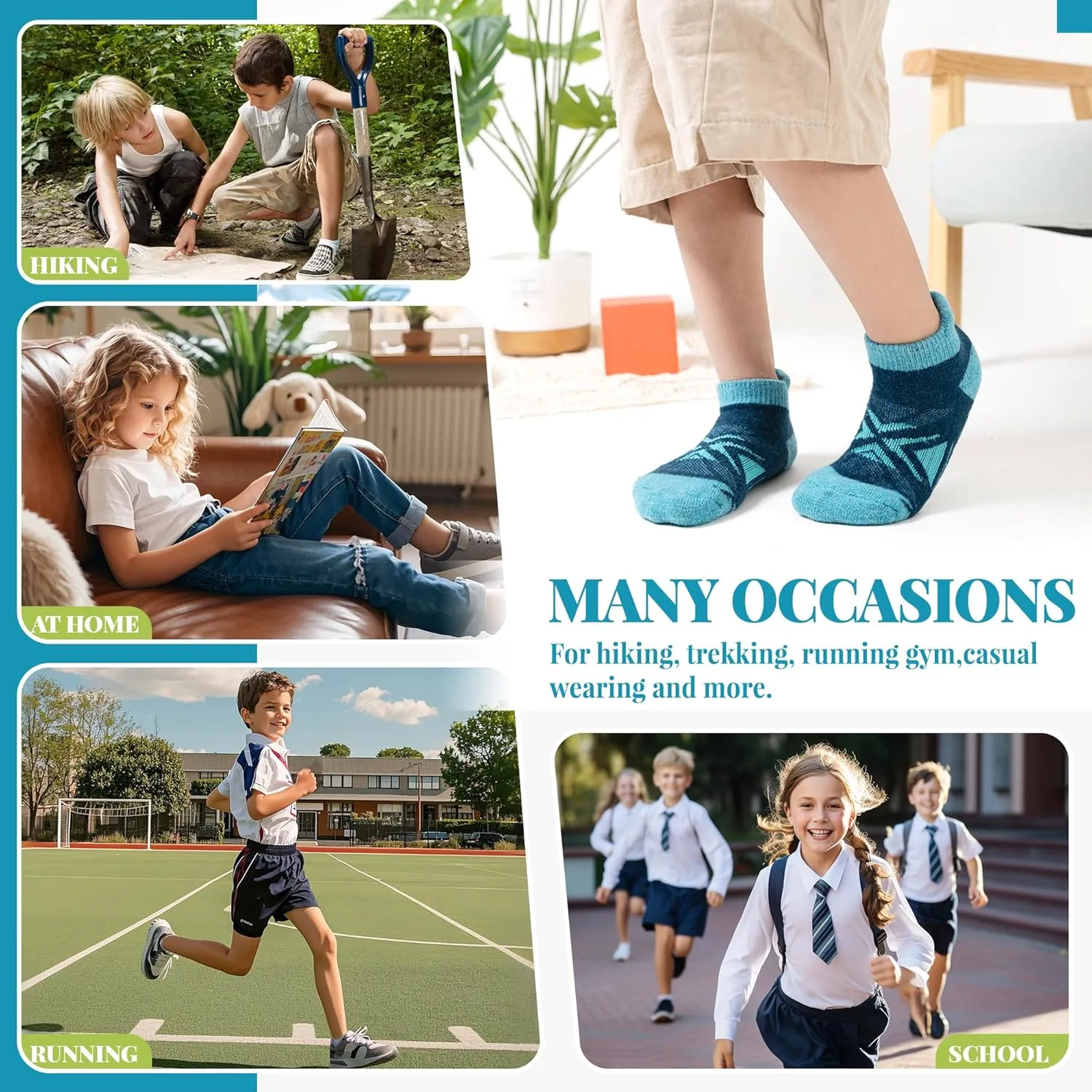Velice Kids Merino Wool Ankle Hiking Running Socks Girls Boys Teens Athletic Warm Thick Cushion No Show Socks 6 Pairs