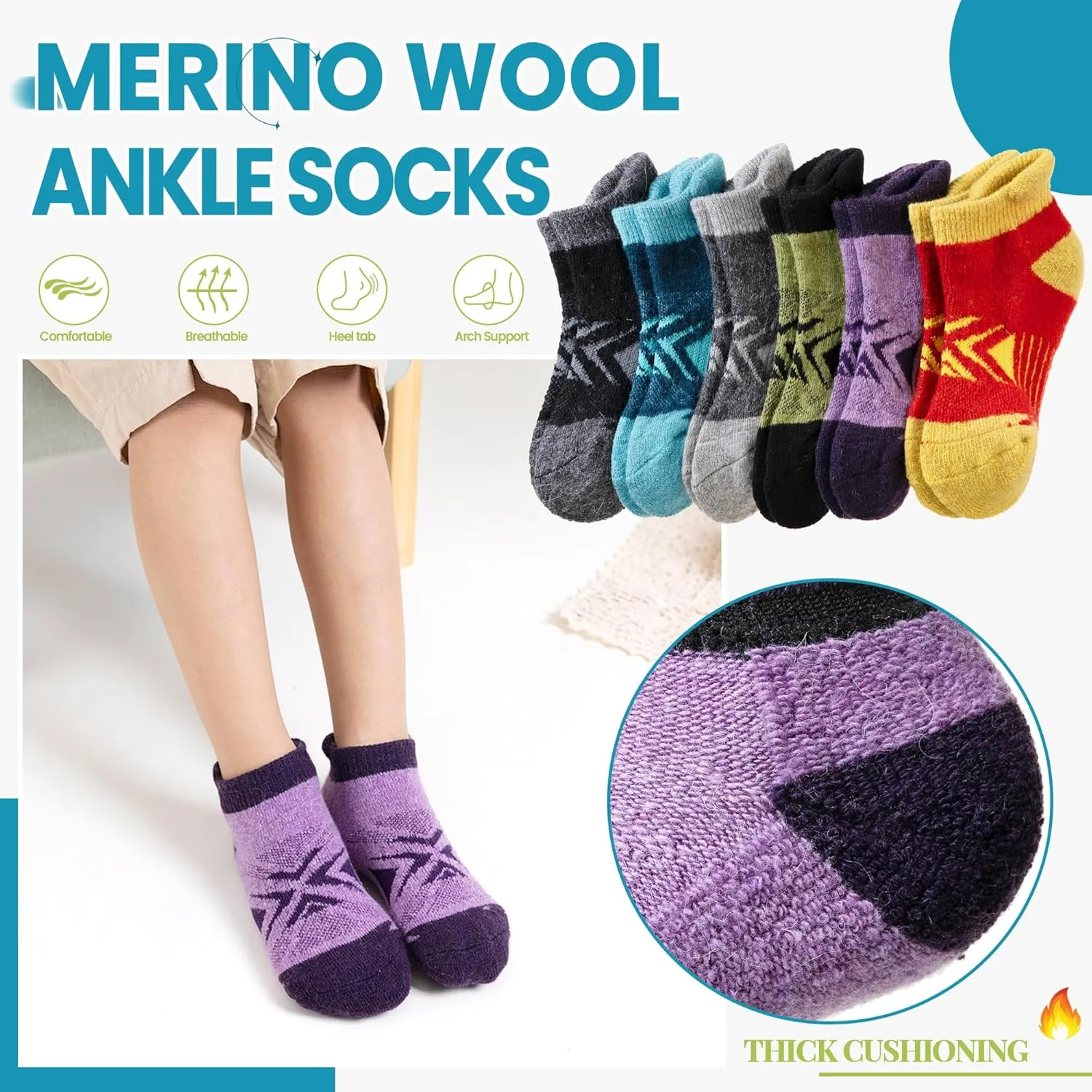 Velice Kids Merino Wool Ankle Hiking Running Socks Girls Boys Teens Athletic Warm Thick Cushion No Show Socks 6 Pairs