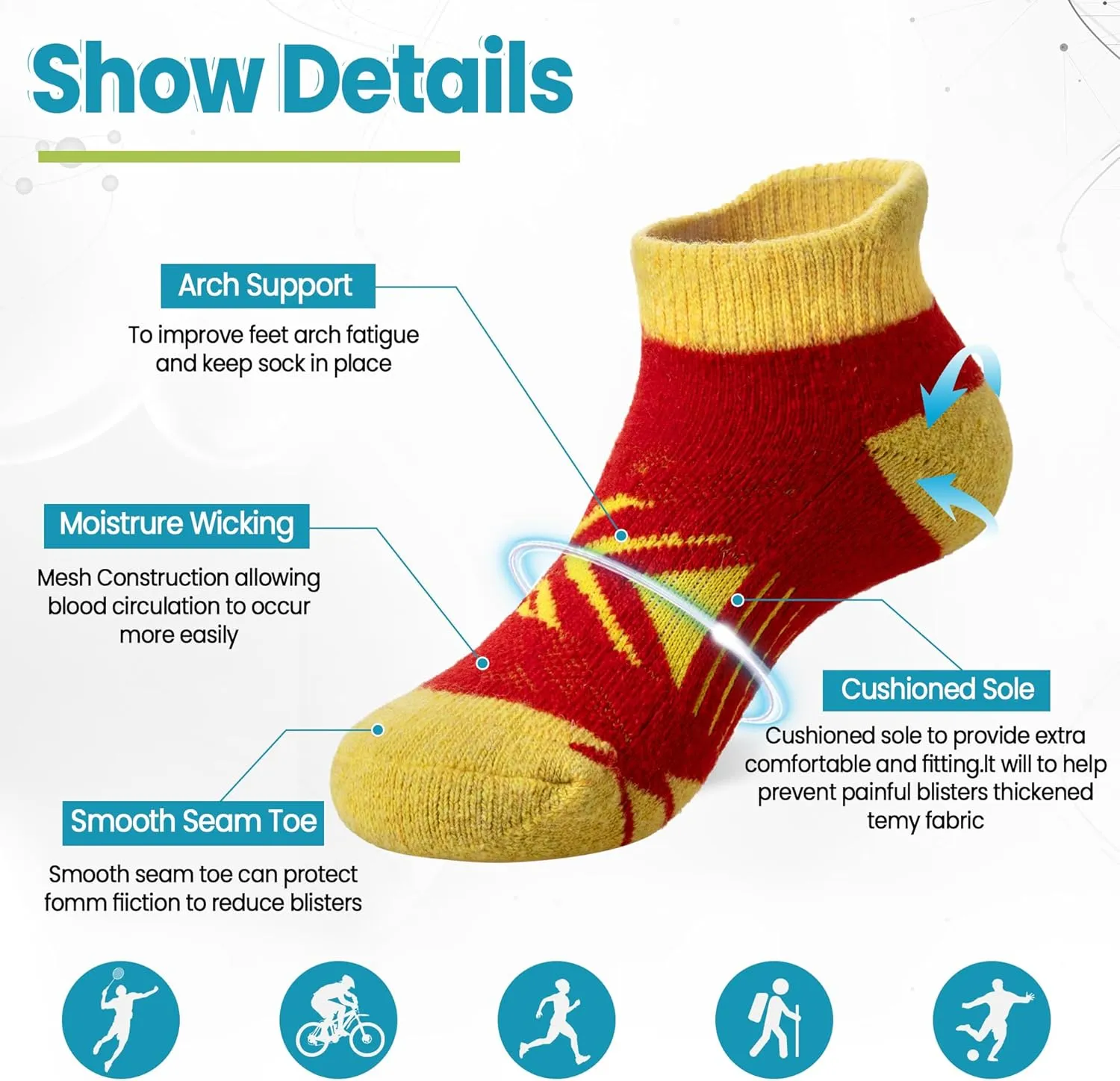 Velice Kids Merino Wool Ankle Hiking Running Socks Girls Boys Teens Athletic Warm Thick Cushion No Show Socks 6 Pairs