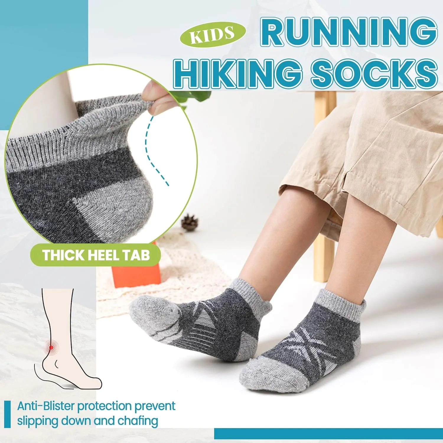 Velice Kids Merino Wool Ankle Hiking Running Socks Girls Boys Teens Athletic Warm Thick Cushion No Show Socks 6 Pairs