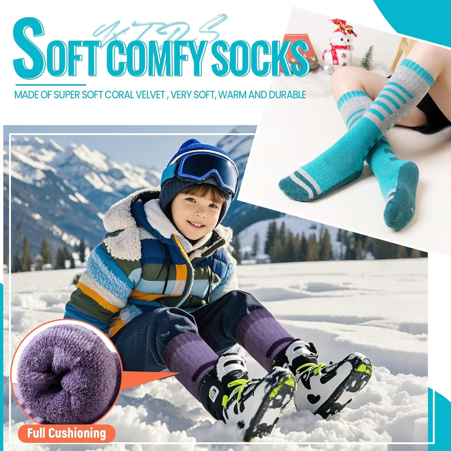 Velice Kids Merino Wool Ski Socks 3 Pairs Boys Girls Thermal Thick Warm Winter Cozy Boot Socks for Skiing Snowboarding