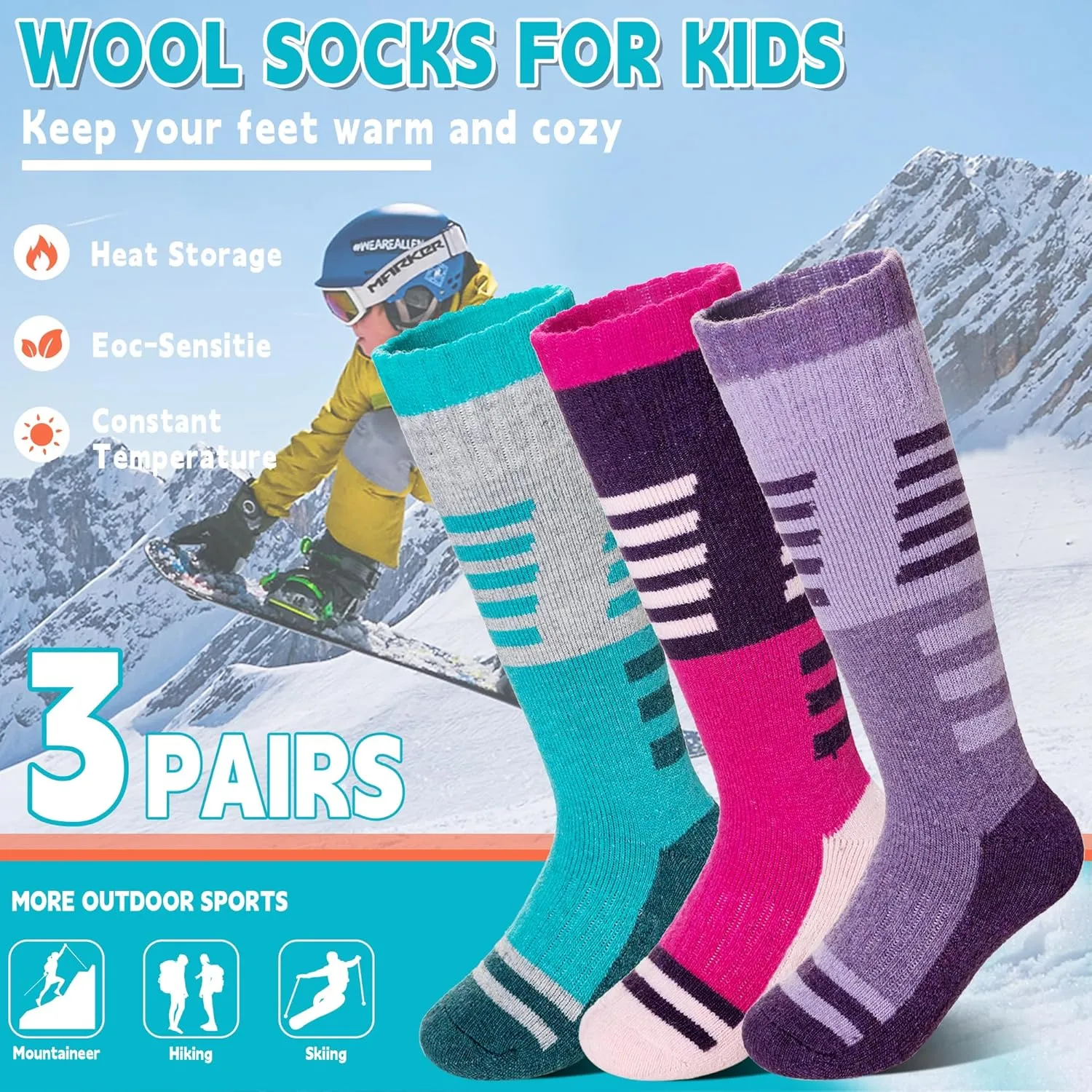 Velice Kids Merino Wool Ski Socks 3 Pairs Boys Girls Thermal Thick Warm Winter Cozy Boot Socks for Skiing Snowboarding