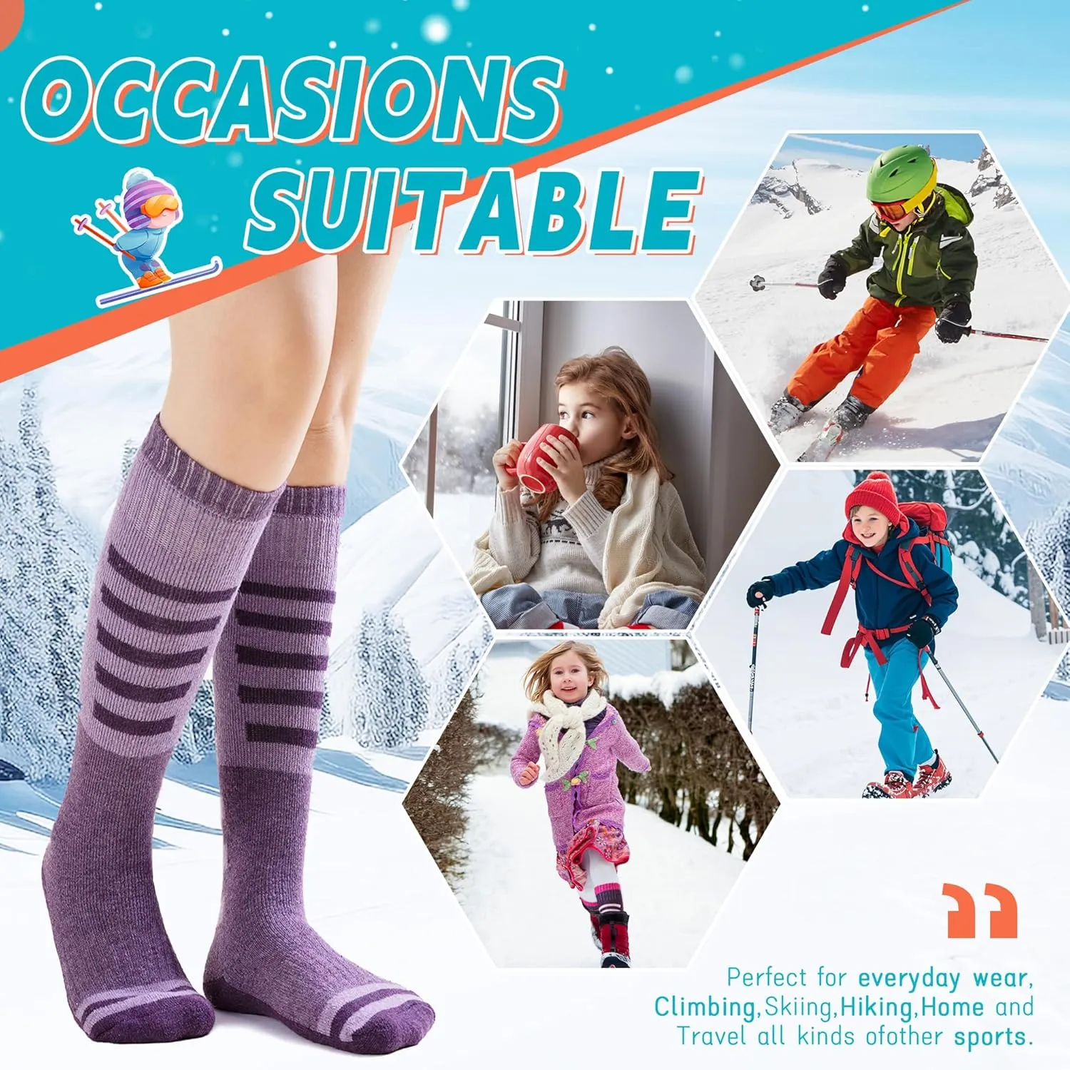 Velice Kids Merino Wool Ski Socks 3 Pairs Boys Girls Thermal Thick Warm Winter Cozy Boot Socks for Skiing Snowboarding