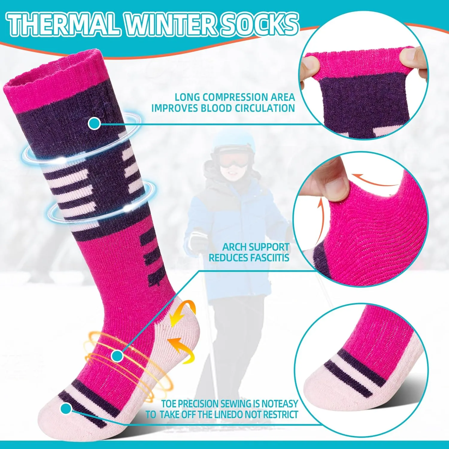 Velice Kids Merino Wool Ski Socks 3 Pairs Boys Girls Thermal Thick Warm Winter Cozy Boot Socks for Skiing Snowboarding