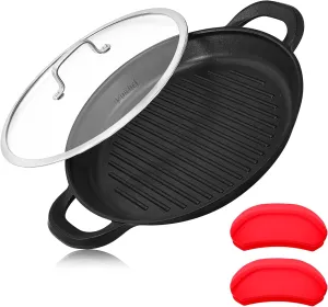 Vinchef Nonstick Grill Pan for Stove tops | 13.0" Skillet, Indoor Induction Cast-aluminum Grill Pan with Lid and Anti-Scalding Tools, GRANITEC Nonstick Coating, Dishwasher & Oven Safe