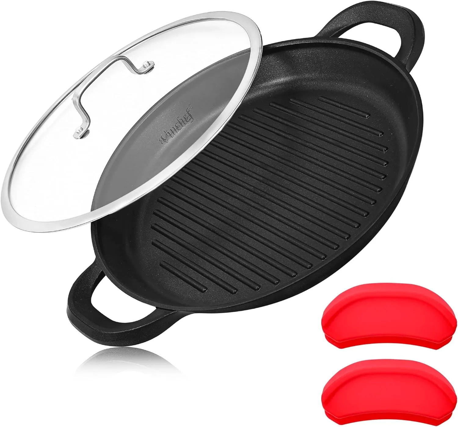 Vinchef Nonstick Grill Pan for Stove tops | 13.0" Skillet, Indoor Induction Cast-aluminum Grill Pan with Lid and Anti-Scalding Tools, GRANITEC Nonstick Coating, Dishwasher & Oven Safe