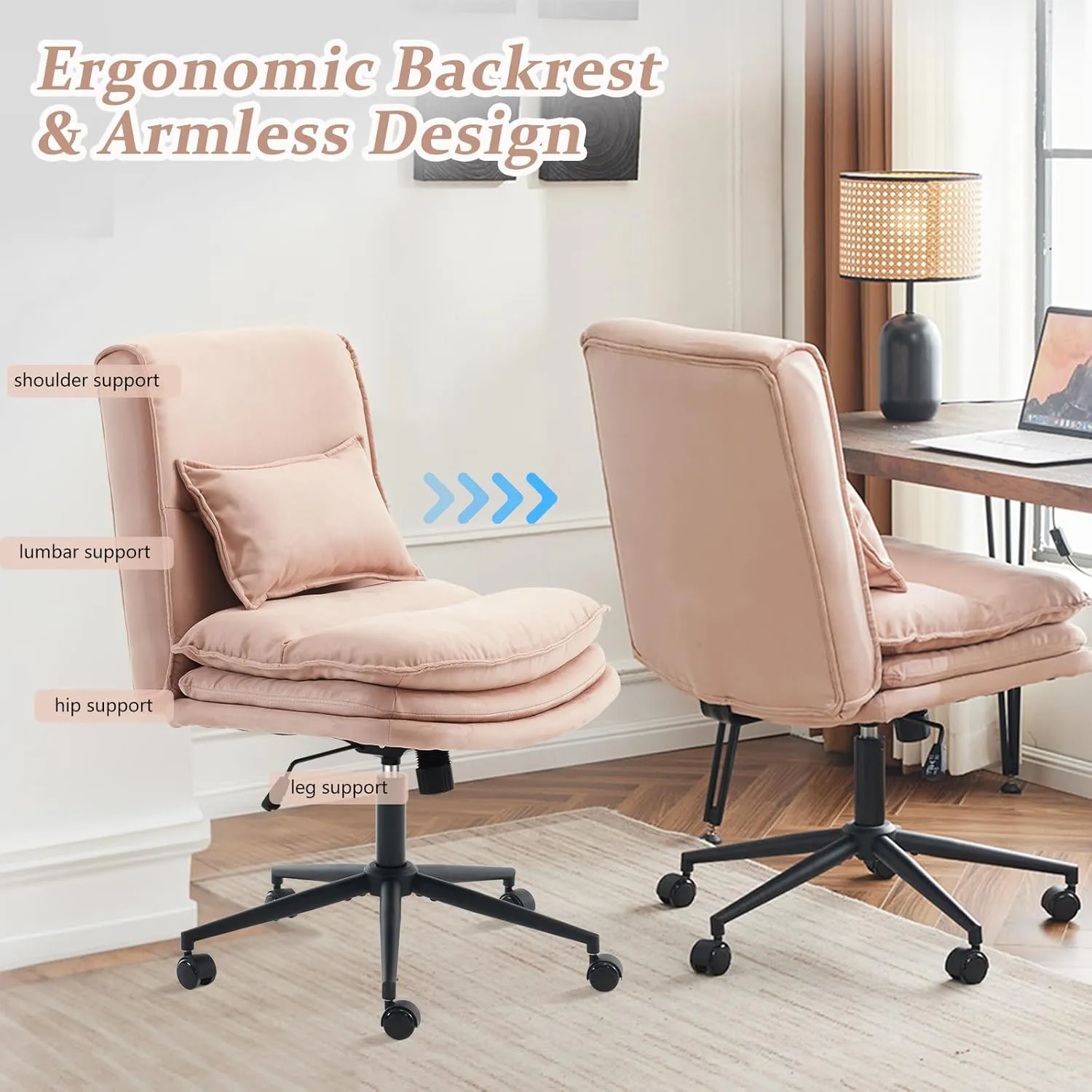 VINGLI Cloud Criss Cross Legged Chair,18" High Back Armless Home Office Desk Chair with Wheels,Wide Adjustable Comfy Padded Seat Task Computer Chair,Modern Swivel Makeup Vanity Chair,Microfiber,Pink