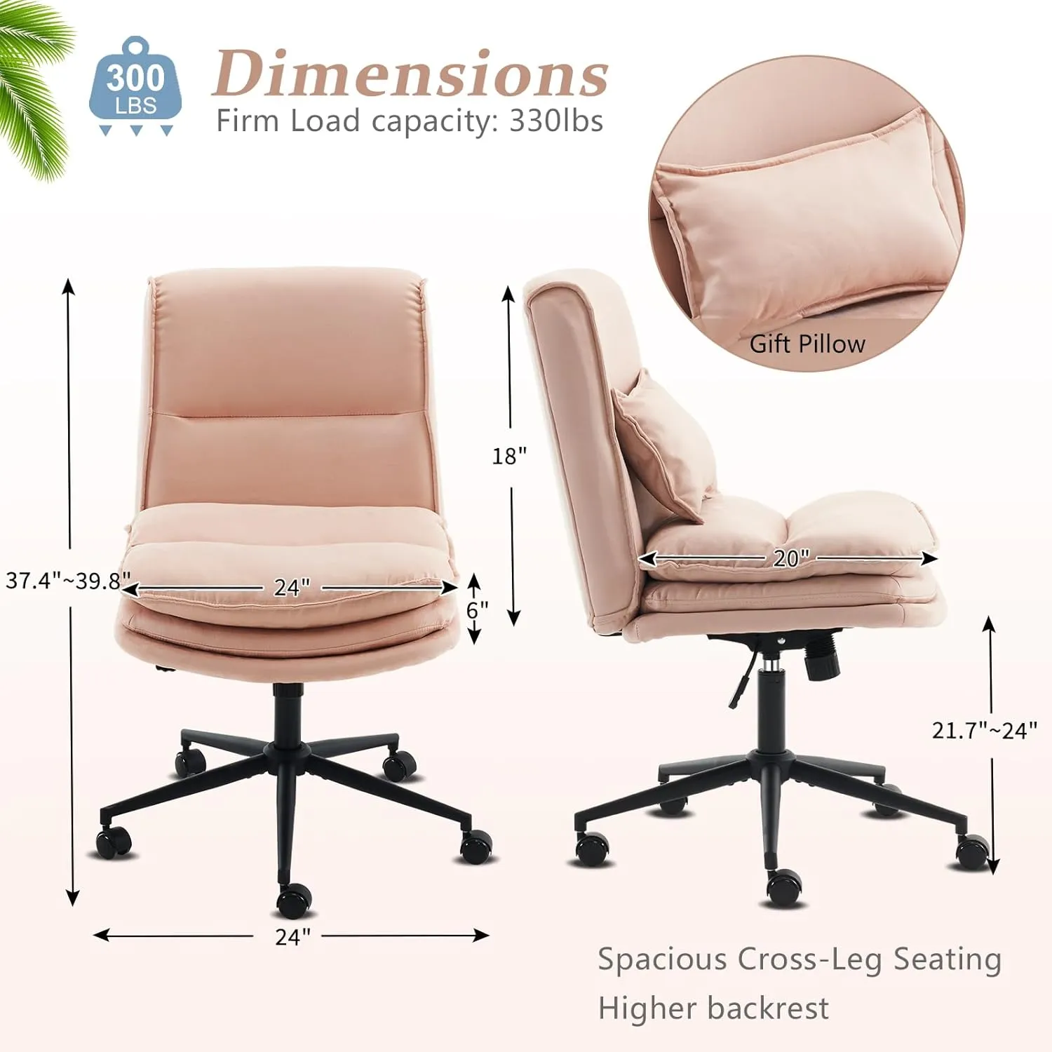 VINGLI Cloud Criss Cross Legged Chair,18" High Back Armless Home Office Desk Chair with Wheels,Wide Adjustable Comfy Padded Seat Task Computer Chair,Modern Swivel Makeup Vanity Chair,Microfiber,Pink