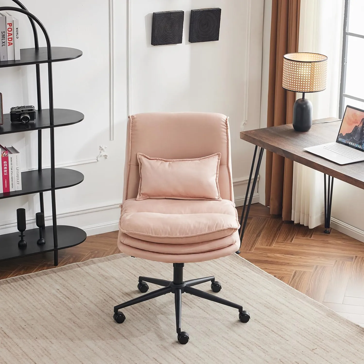 VINGLI Cloud Criss Cross Legged Chair,18" High Back Armless Home Office Desk Chair with Wheels,Wide Adjustable Comfy Padded Seat Task Computer Chair,Modern Swivel Makeup Vanity Chair,Microfiber,Pink