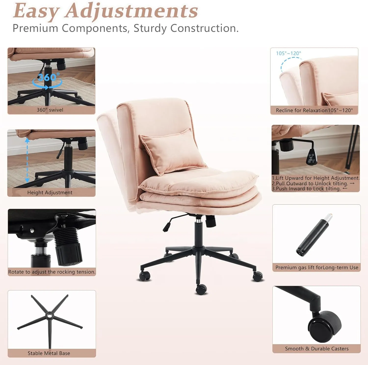 VINGLI Cloud Criss Cross Legged Chair,18" High Back Armless Home Office Desk Chair with Wheels,Wide Adjustable Comfy Padded Seat Task Computer Chair,Modern Swivel Makeup Vanity Chair,Microfiber,Pink