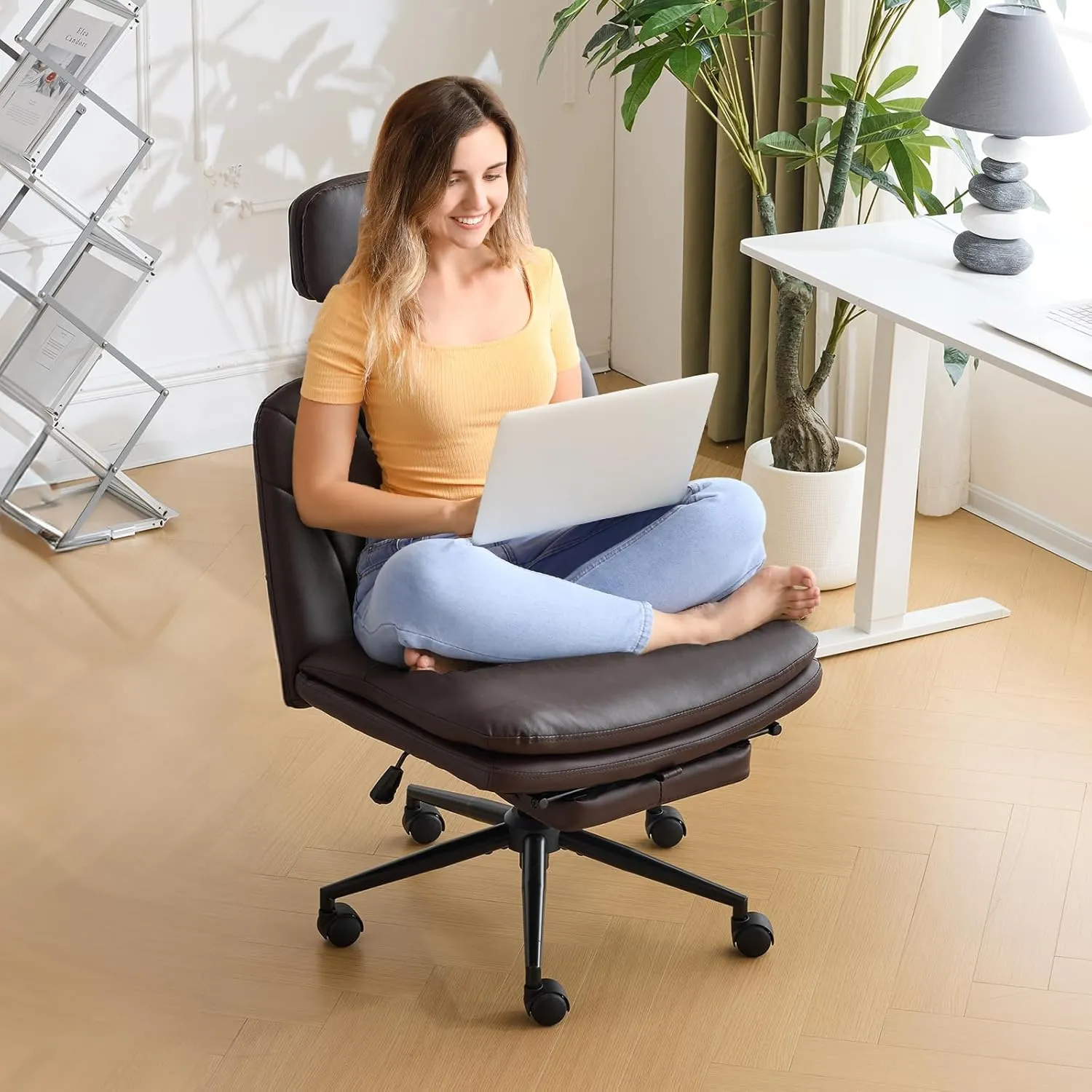 VINGLI Criss Cross Office Chair,PU Leather Computer Chair,Dual-Use with/no Wheels,Comfy High Back Lumbar Support Desk Chair,360 Degree Swivel Chair with Headrest/Footrest Pedal, Expresso