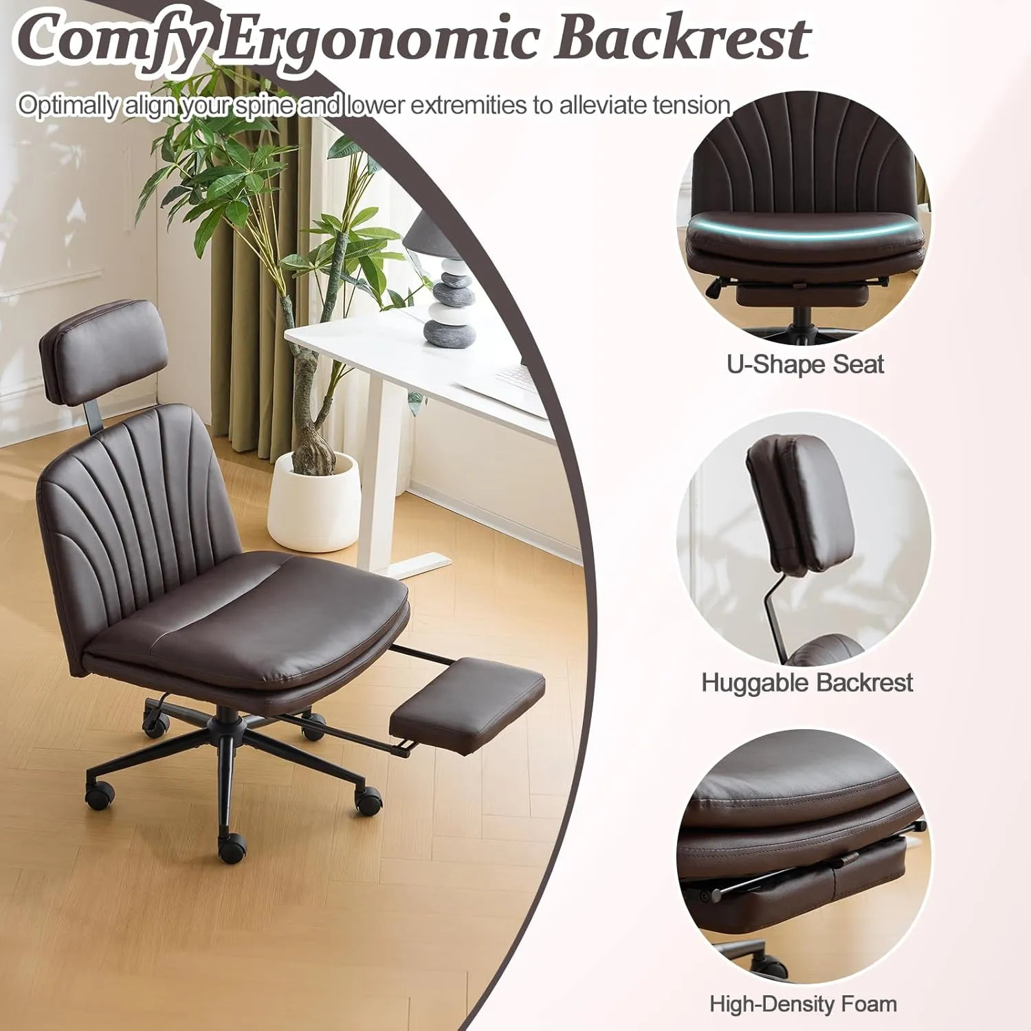 VINGLI Criss Cross Office Chair,PU Leather Computer Chair,Dual-Use with/no Wheels,Comfy High Back Lumbar Support Desk Chair,360 Degree Swivel Chair with Headrest/Footrest Pedal, Expresso