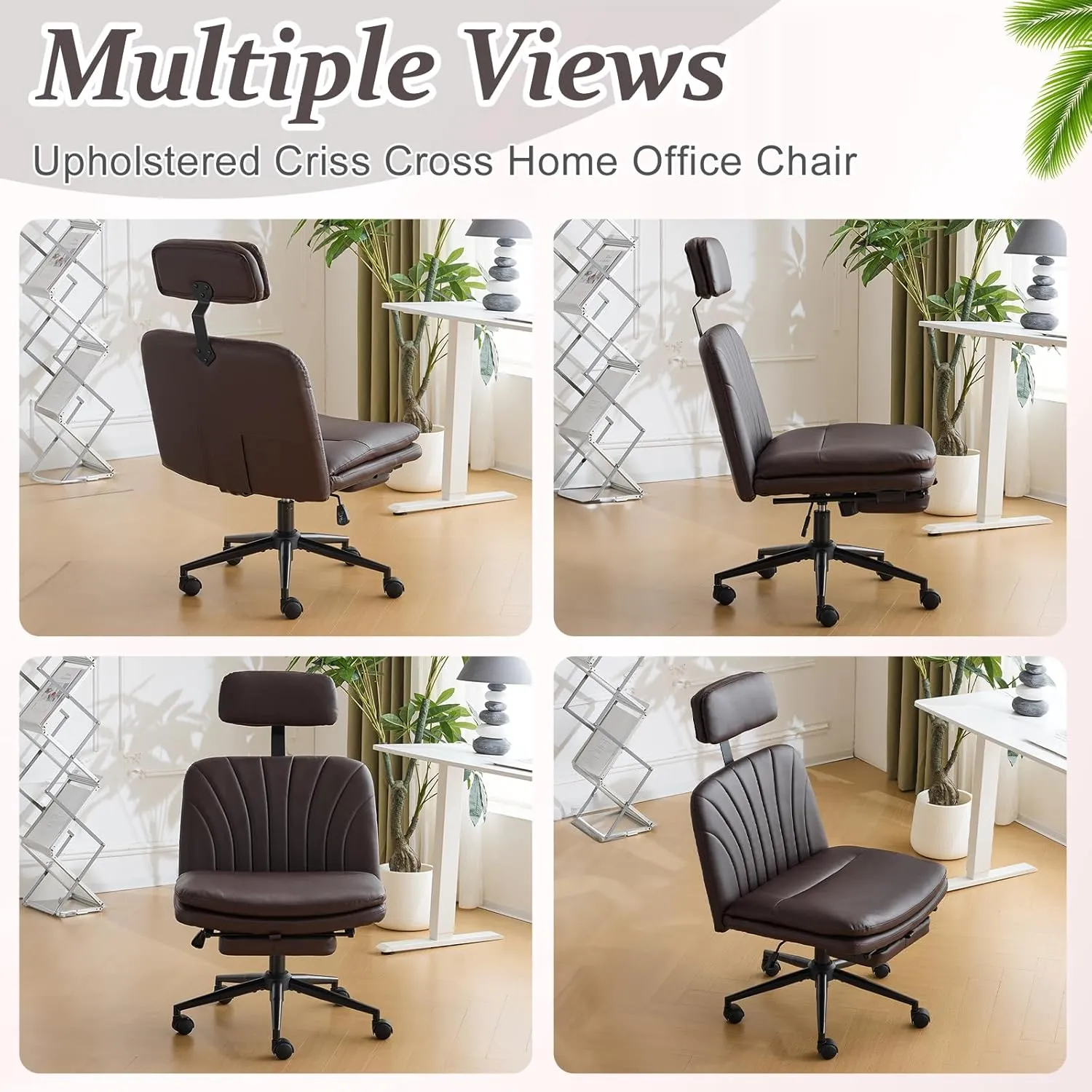 VINGLI Criss Cross Office Chair,PU Leather Computer Chair,Dual-Use with/no Wheels,Comfy High Back Lumbar Support Desk Chair,360 Degree Swivel Chair with Headrest/Footrest Pedal, Expresso