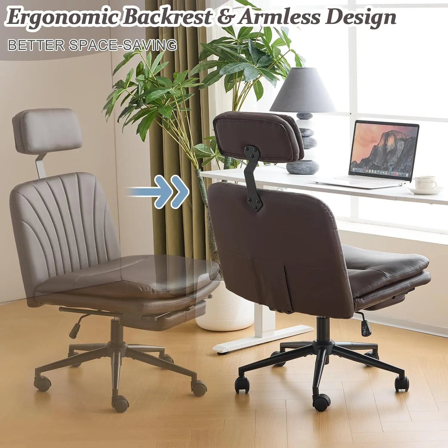 VINGLI Criss Cross Office Chair,PU Leather Computer Chair,Dual-Use with/no Wheels,Comfy High Back Lumbar Support Desk Chair,360 Degree Swivel Chair with Headrest/Footrest Pedal, Expresso