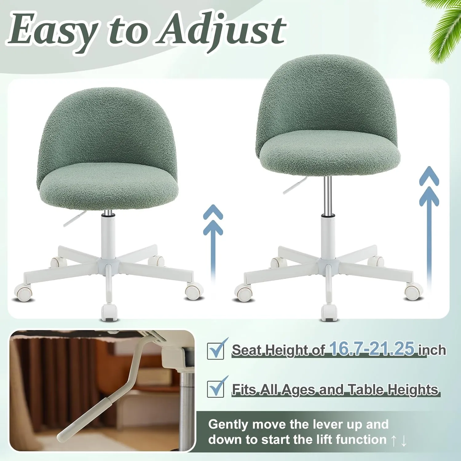 VINGLI Cute Candy Chair Armless Comfy Small Office Desk Vanity Chair with Wheels & Lumbar Support,Teddy Adjustable Rolling Swivel Computer Task Ch for Home Office,Bedroom,MintGreen