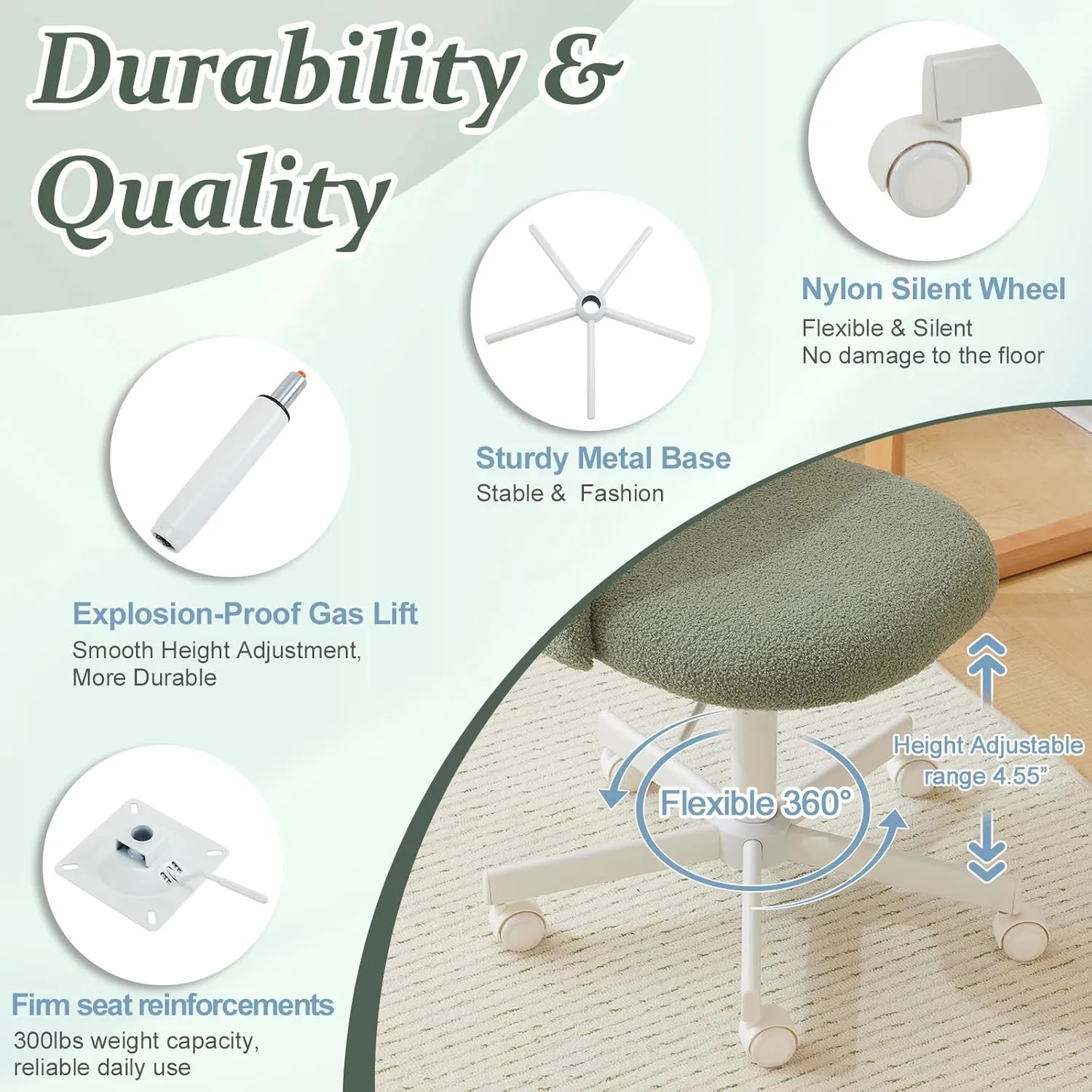 VINGLI Cute Candy Chair Armless Comfy Small Office Desk Vanity Chair with Wheels & Lumbar Support,Teddy Adjustable Rolling Swivel Computer Task Ch for Home Office,Bedroom,MintGreen