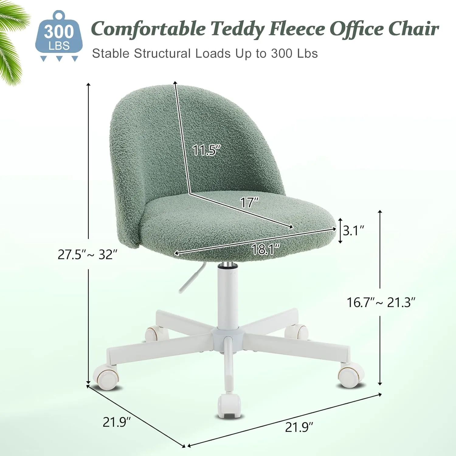 VINGLI Cute Candy Chair Armless Comfy Small Office Desk Vanity Chair with Wheels & Lumbar Support,Teddy Adjustable Rolling Swivel Computer Task Ch for Home Office,Bedroom,MintGreen