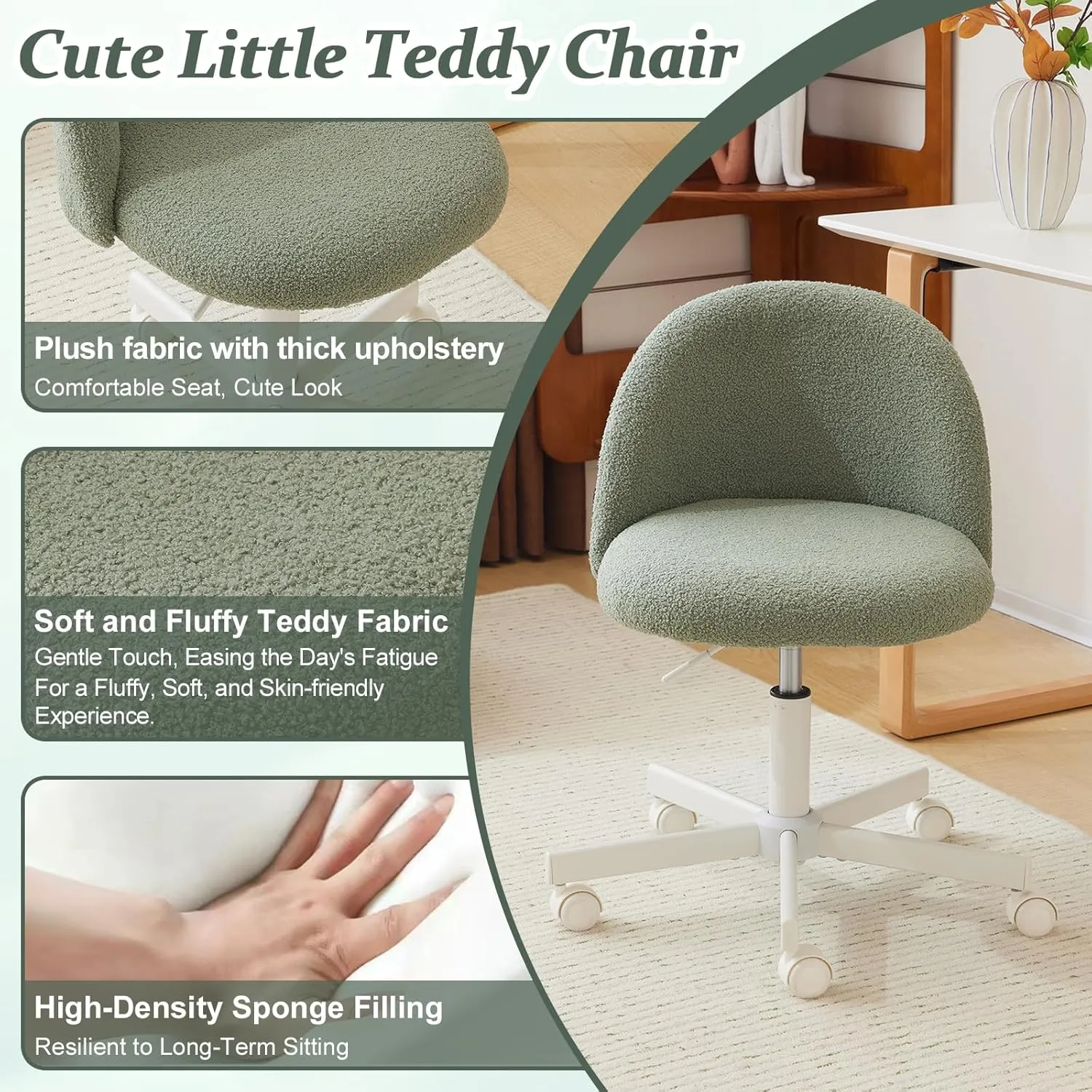 VINGLI Cute Candy Chair Armless Comfy Small Office Desk Vanity Chair with Wheels & Lumbar Support,Teddy Adjustable Rolling Swivel Computer Task Ch for Home Office,Bedroom,MintGreen
