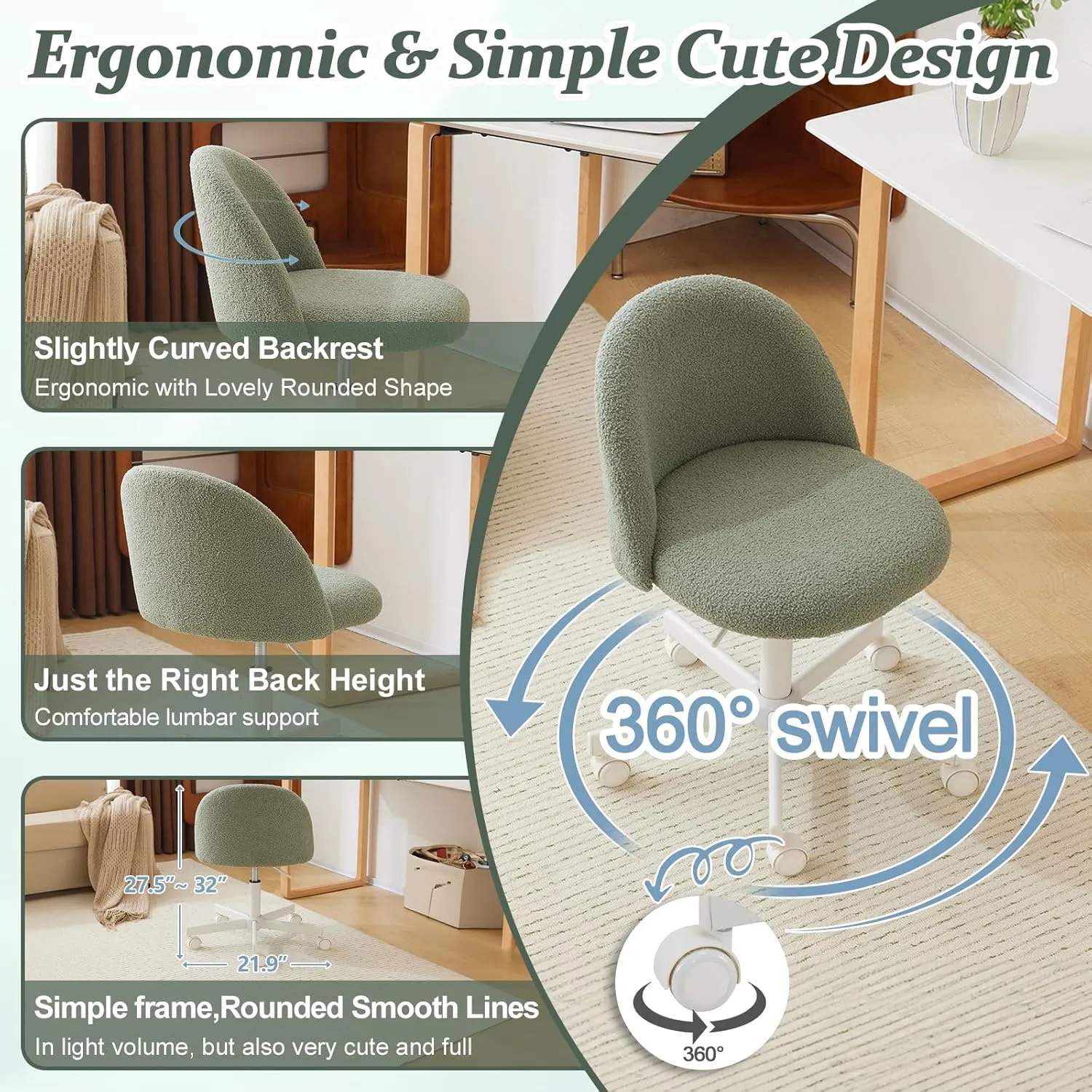 VINGLI Cute Candy Chair Armless Comfy Small Office Desk Vanity Chair with Wheels & Lumbar Support,Teddy Adjustable Rolling Swivel Computer Task Ch for Home Office,Bedroom,MintGreen