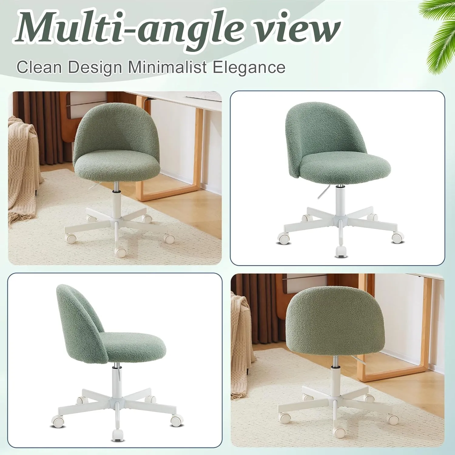 VINGLI Cute Candy Chair Armless Comfy Small Office Desk Vanity Chair with Wheels & Lumbar Support,Teddy Adjustable Rolling Swivel Computer Task Ch for Home Office,Bedroom,MintGreen