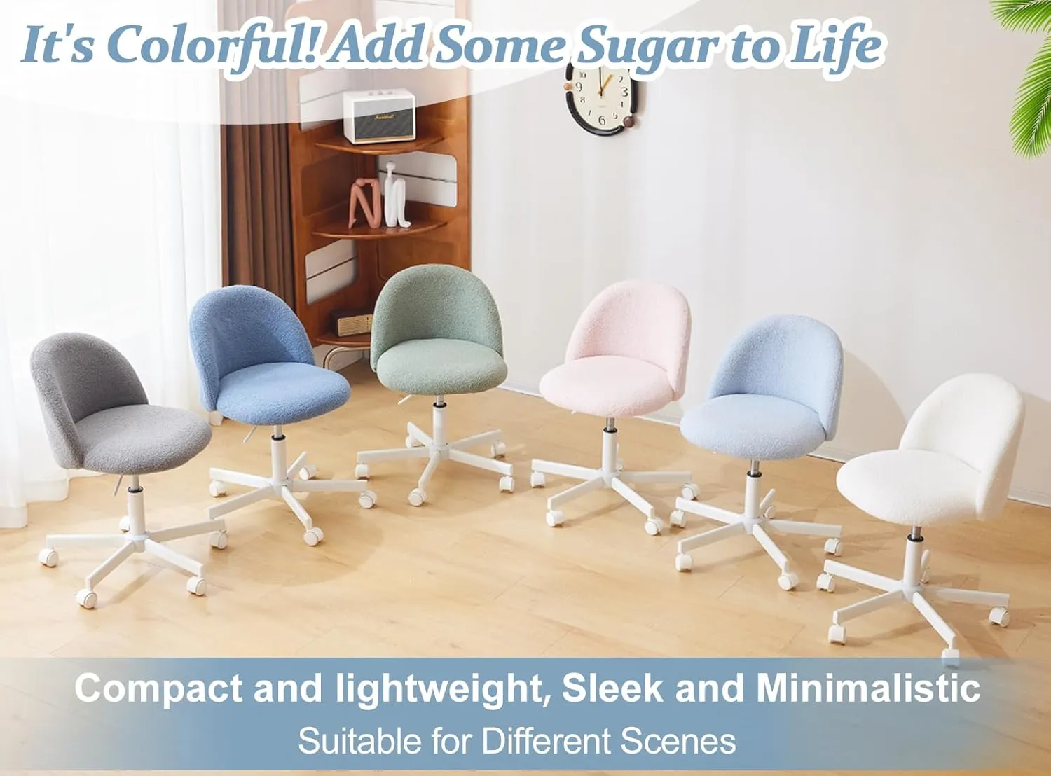 VINGLI Cute Candy Chair Armless Comfy Small Office Desk Vanity Chair with Wheels & Lumbar Support,Teddy Adjustable Rolling Swivel Computer Task Ch for Home Office,Bedroom,MintGreen