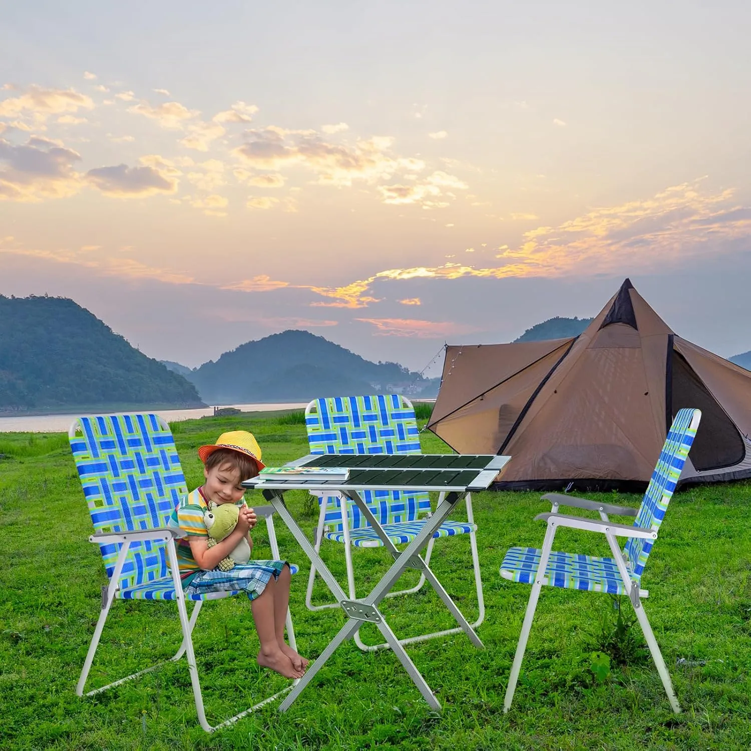VINGLI Oversized Patio Lawn Chairs Folding 1 Piece, Webbed Folding Chair Outdoor Beach Chair Portable Camping Chair for Yard, Garden (Blue, Oversized)