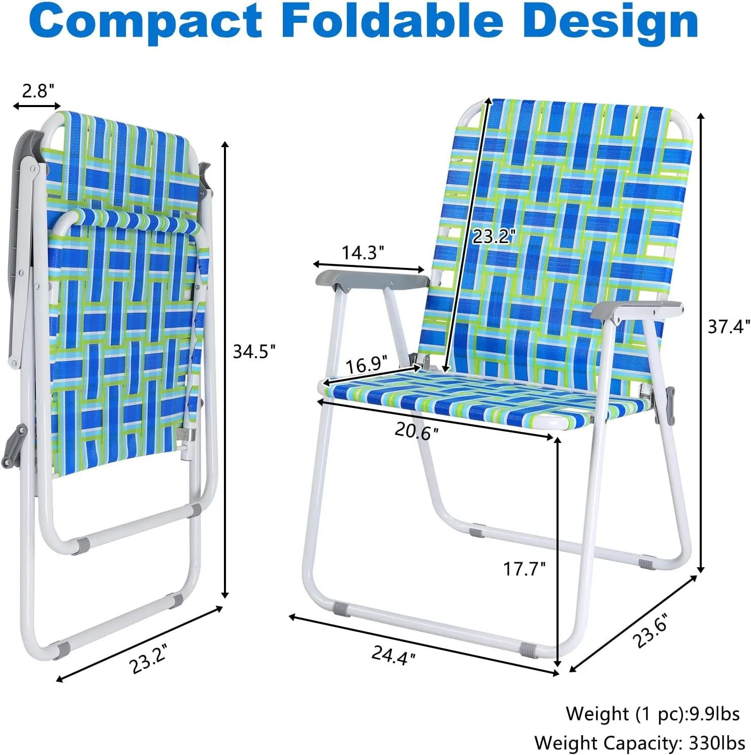 VINGLI Oversized Patio Lawn Chairs Folding 1 Piece, Webbed Folding Chair Outdoor Beach Chair Portable Camping Chair for Yard, Garden (Blue, Oversized)