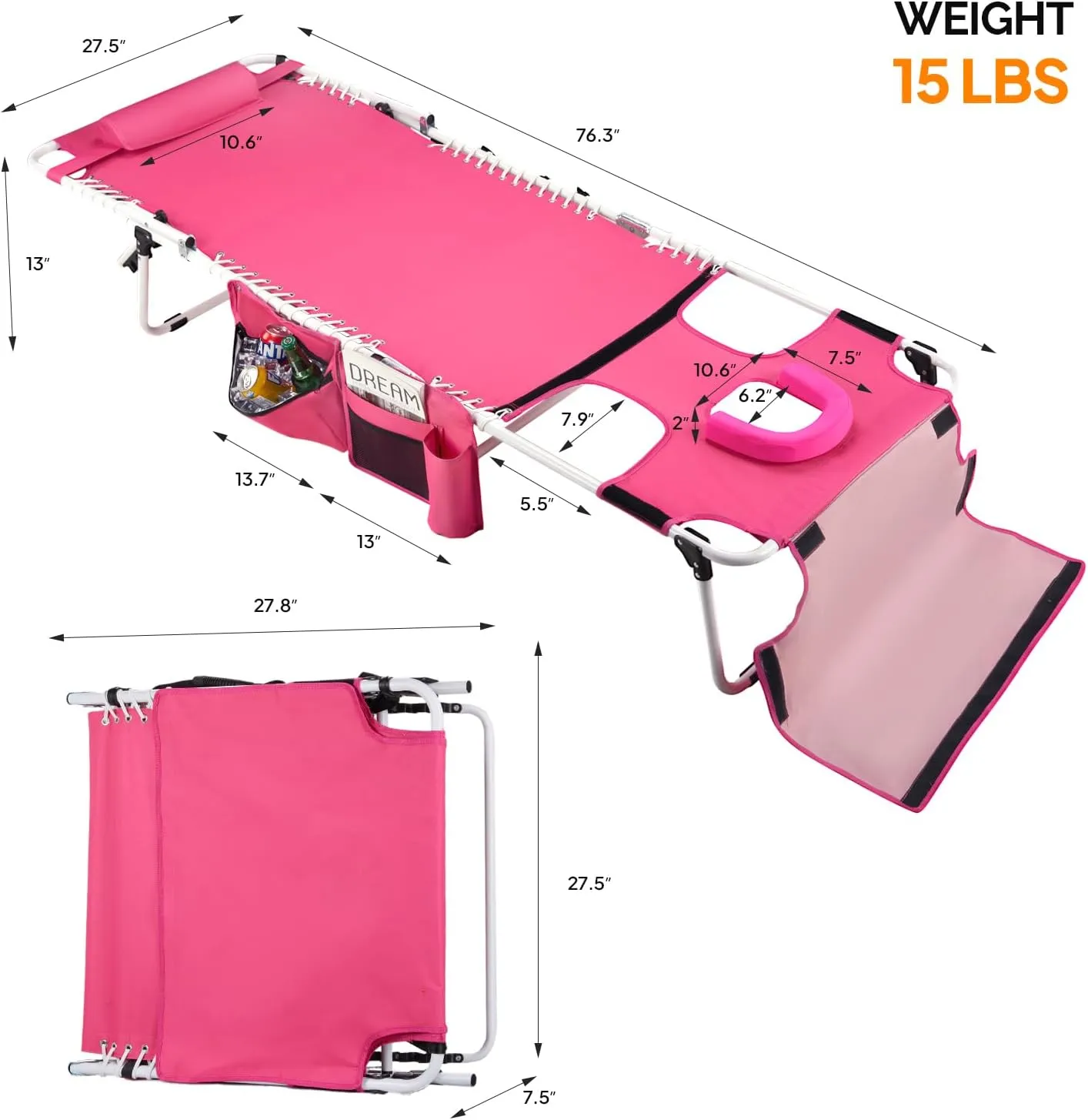 VINGLI Oversized Tanning Chair with Face Hole & Carrying Bag, Beach Lounge Chair Outdoor for Adults, Folding Lounge Chair for Sun Tanning, Laying Out Chairs for Tanning Lounger Outside (Pink)