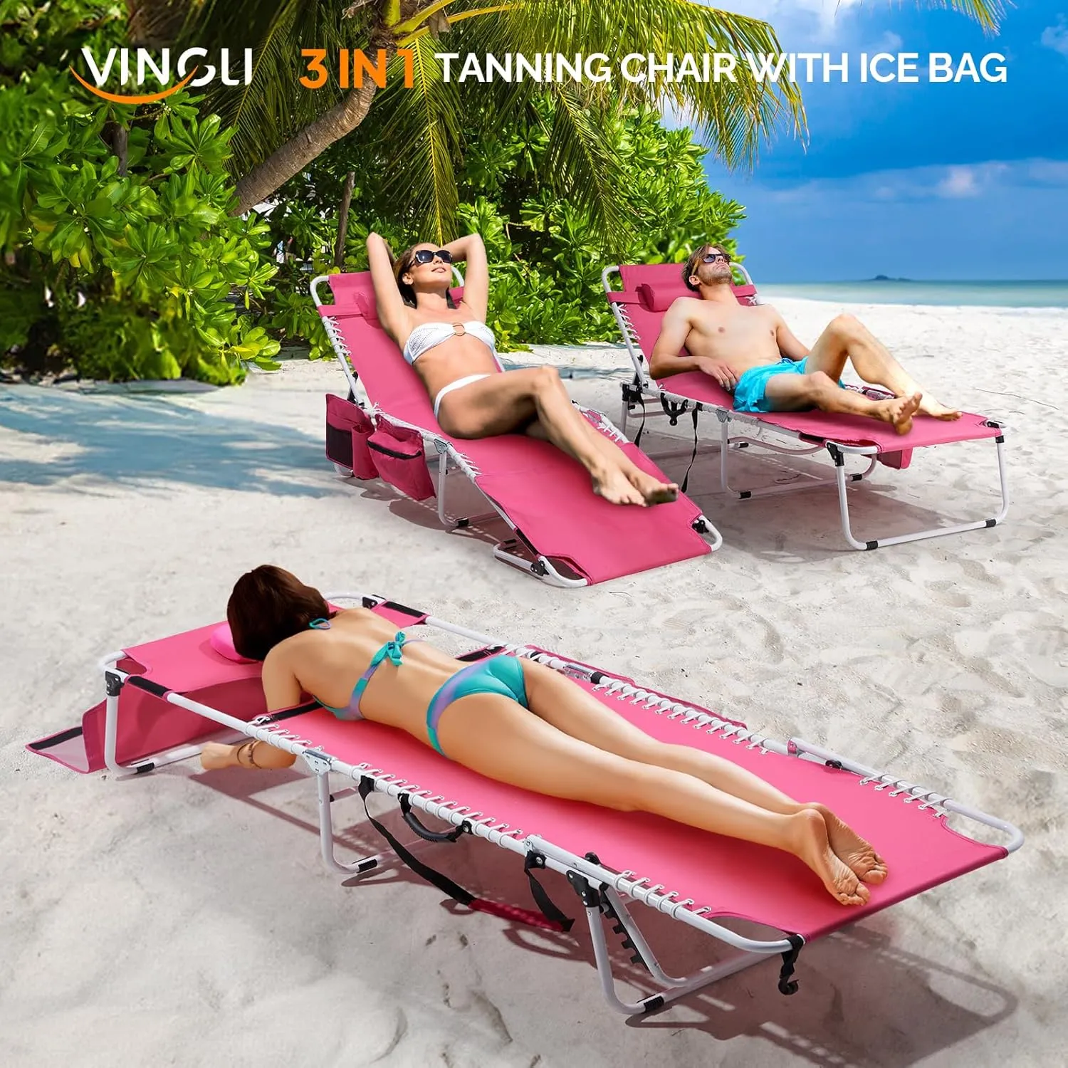 VINGLI Oversized Tanning Chair with Face Hole & Carrying Bag, Beach Lounge Chair Outdoor for Adults, Folding Lounge Chair for Sun Tanning, Laying Out Chairs for Tanning Lounger Outside (Pink)