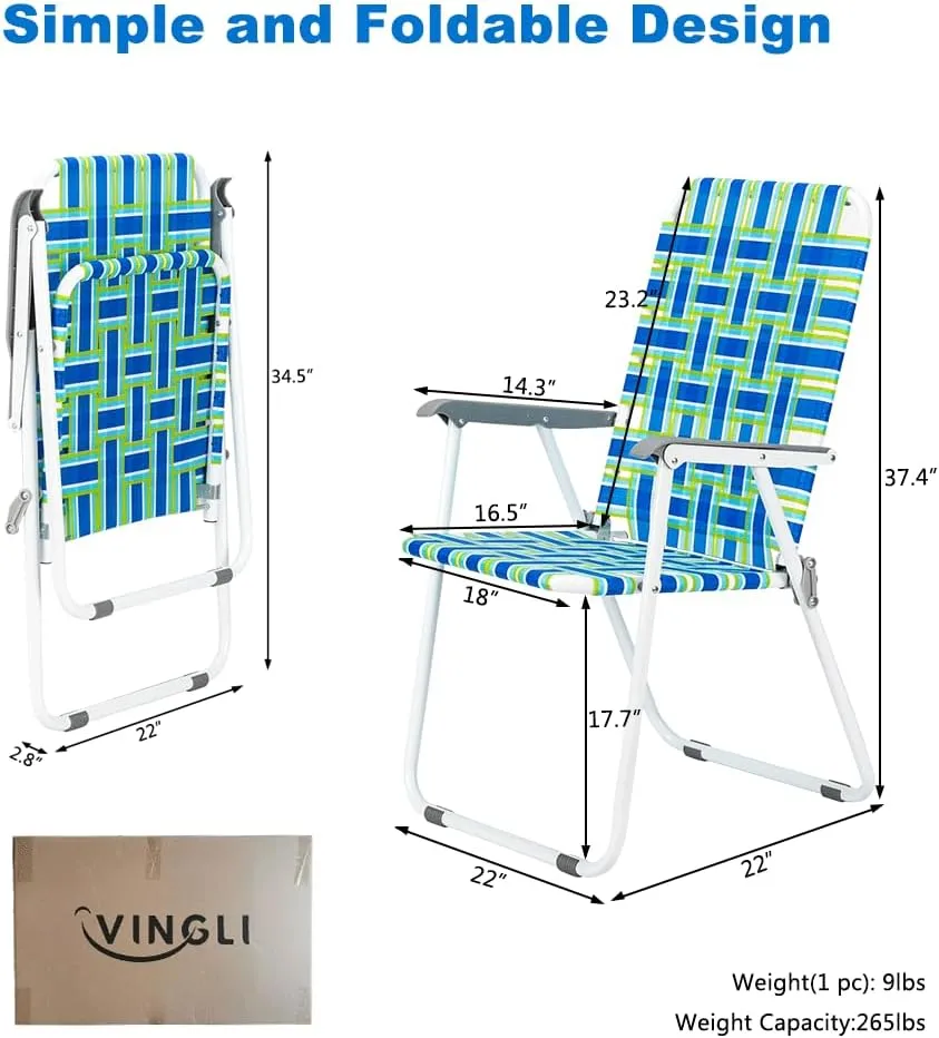 VINGLI Patio Lawn Webbed Folding Chairs Set of 2, Outdoor Beach Portable Lawn Chair Camping Chair Beach Chair for Yard, Garden Dining (Blue, Classic)