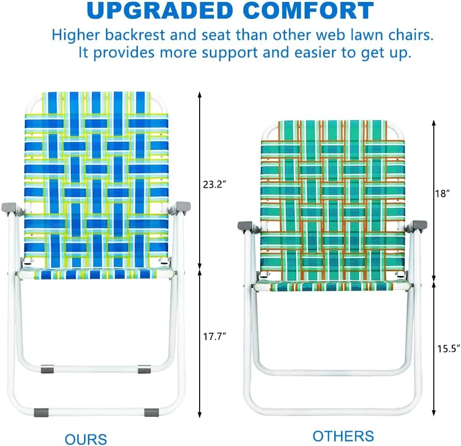 VINGLI Patio Lawn Webbed Folding Chairs Set of 2, Outdoor Beach Portable Lawn Chair Camping Chair Beach Chair for Yard, Garden Dining (Blue, Classic)