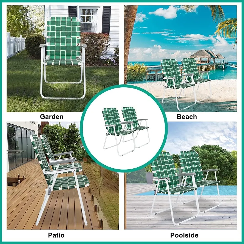 VINGLI Patio Lawn Webbed Folding Chairs Set of 4, Outdoor Beach Chair Portable Dining Chair for Outdoor Yard, Garden (Dark Green, Classic)