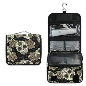 Vintage Retro Seamless Gothic Sugar Skulls with Roses, Roses Thorns Travel Cosmetic Bag, Hanging Toiletry Wash bag, Portable Makeup Organizer Brush Case, Storage Bag with Hook for Bathroom Toilet