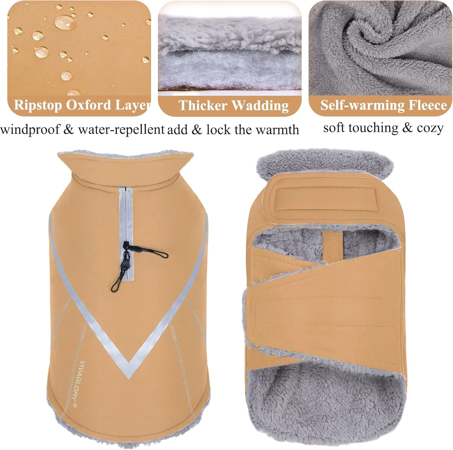 VIVAGLORY Cozy Water-Repellent Windproof Dog Vest - Warm Pet Apparel for Winter, Khaki XS